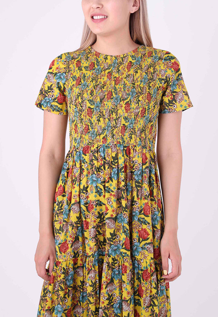 Floral Print Shirring Detail Dress