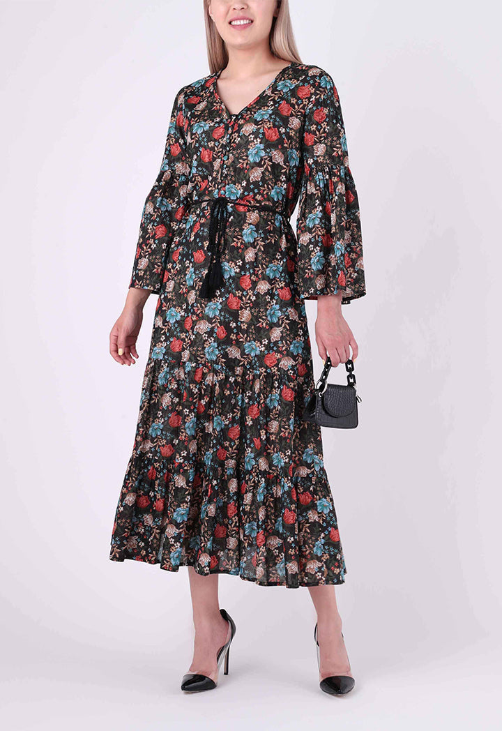 Loop Buttoned Floral Dress