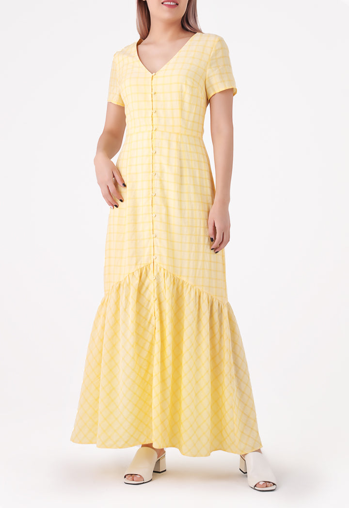 Windowpane Pattern V Neck Dress