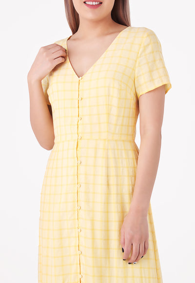 Windowpane Pattern V Neck Dress