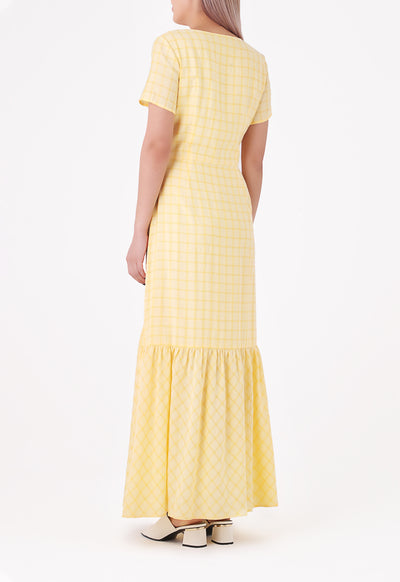 Windowpane Pattern V Neck Dress