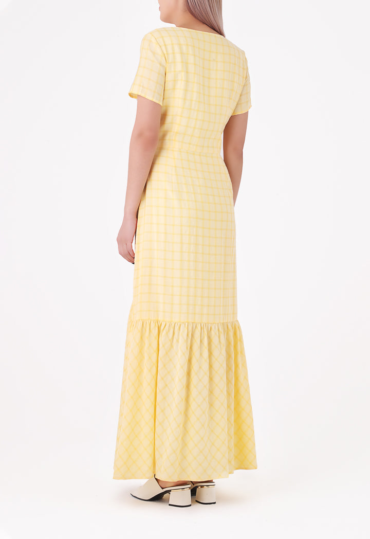 Windowpane Pattern V Neck Dress
