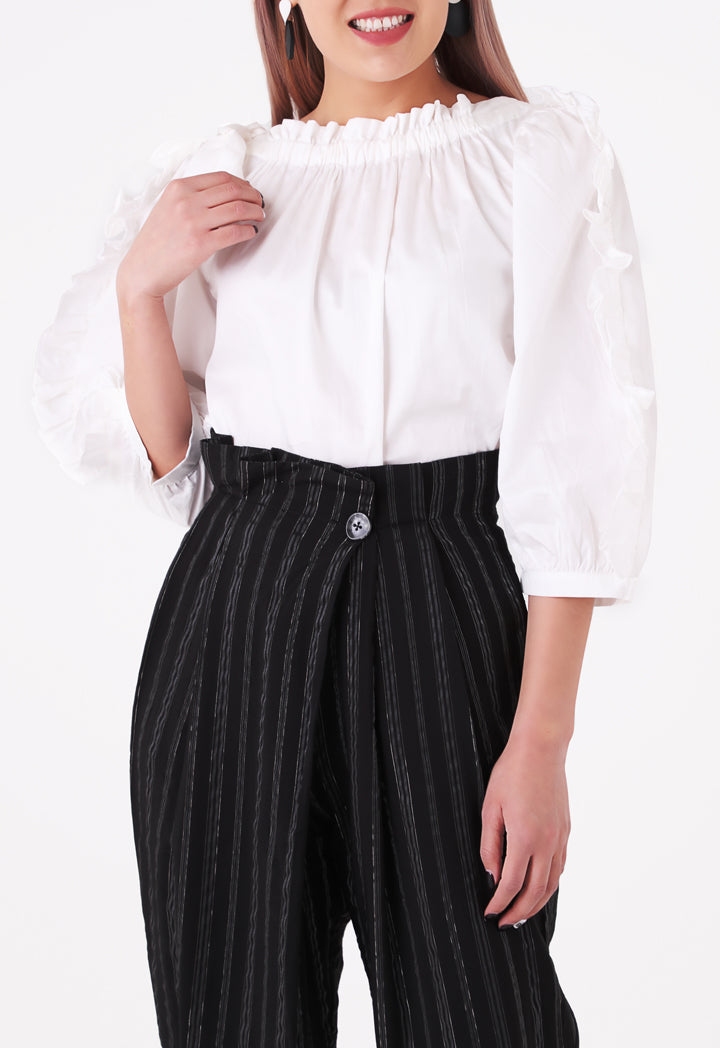 Drawstring Ruffle Neckline Blouse