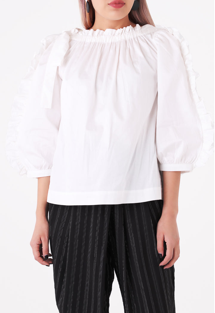 Drawstring Ruffle Neckline Blouse