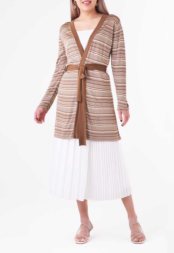 Knitted Striped Belted Outerwear