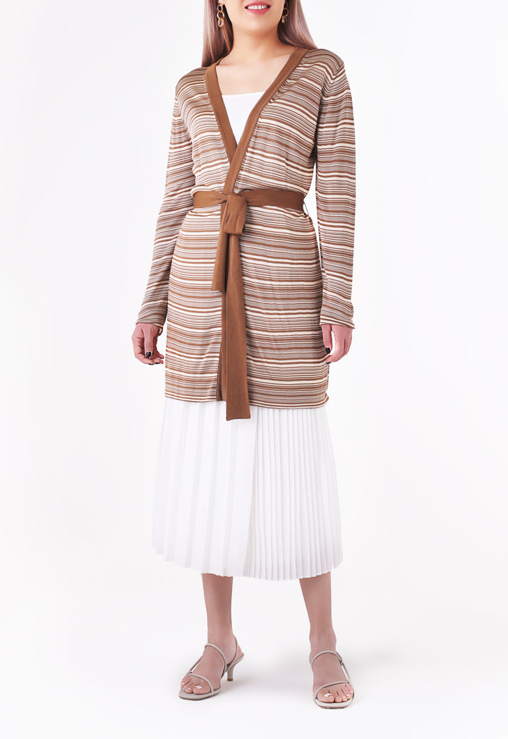 Knitted Striped Belted Outerwear