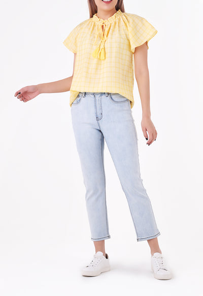 Shirred Ruffle Tie Neck Blouse