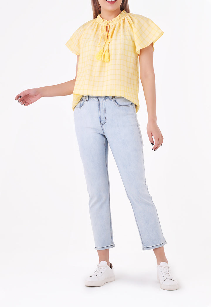 Shirred Ruffle Tie Neck Blouse