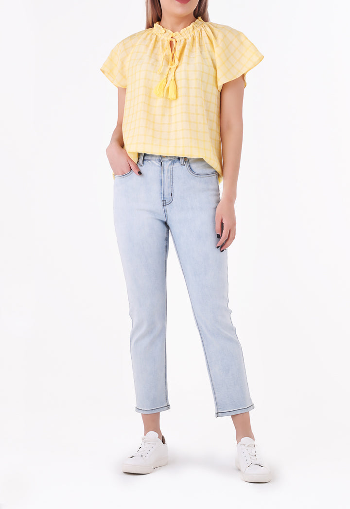 Shirred Ruffle Tie Neck Blouse