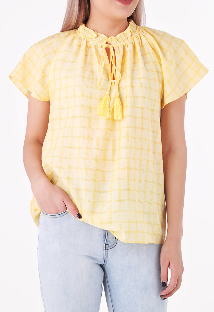 Shirred Ruffle Tie Neck Blouse