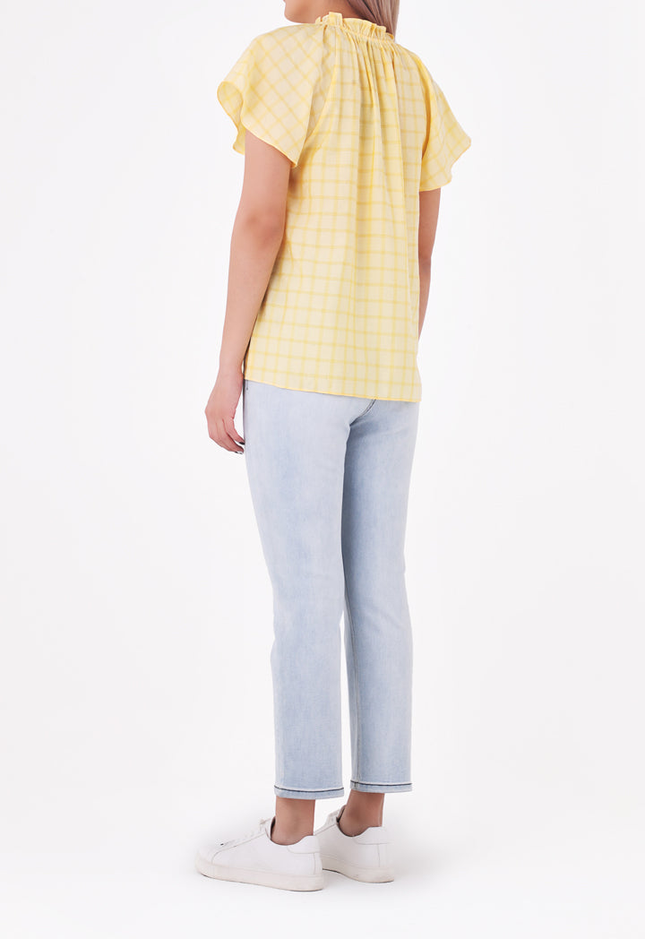 Shirred Ruffle Tie Neck Blouse