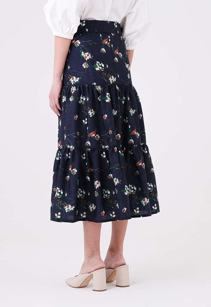 Floral Tiered Belted Skirt