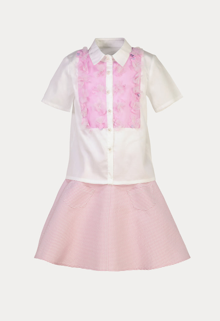 Floral Embellish Textured Self Tie Blouse And Skirts Set