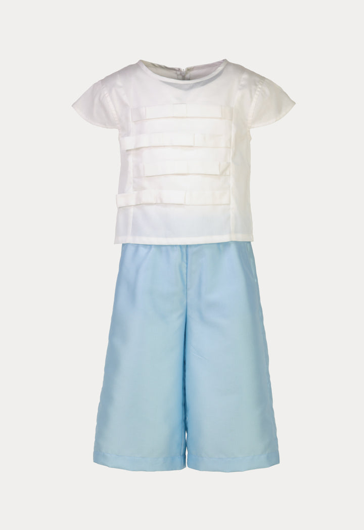 Fixed Bow Solid Cap Blouse And Pants