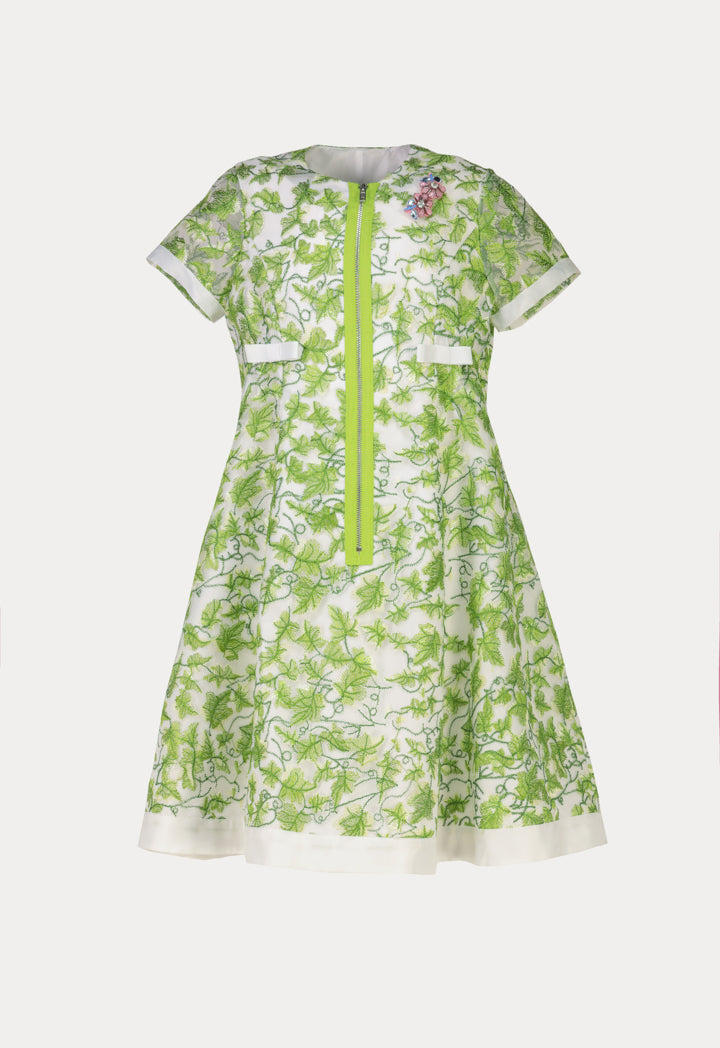 Zip Up Contrasting Mesh Embroidered Dress