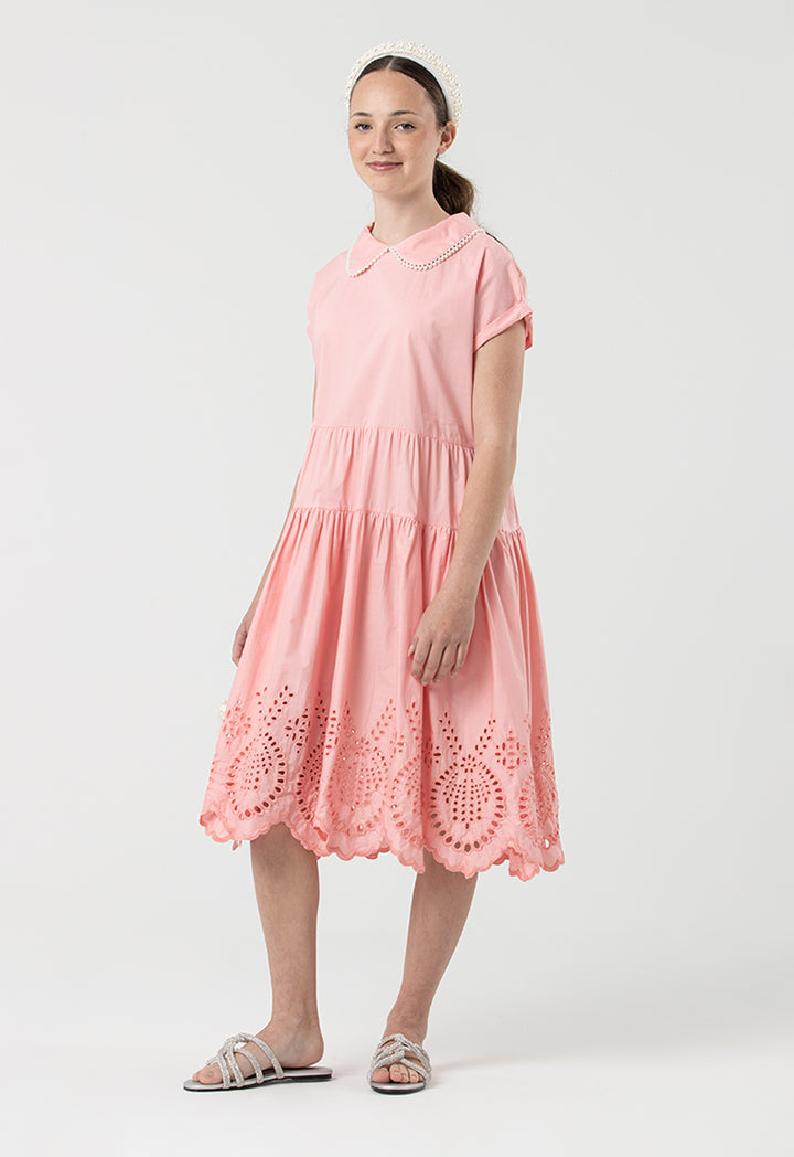 Tiered Schiffli Skirt Pearls Details Midi Dress