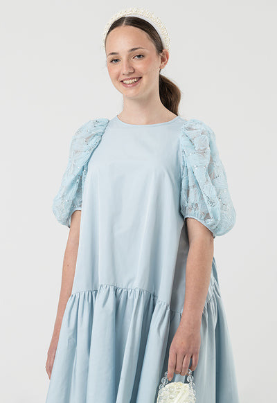 Tiered Dress With Organza Sequins Short Sleeves