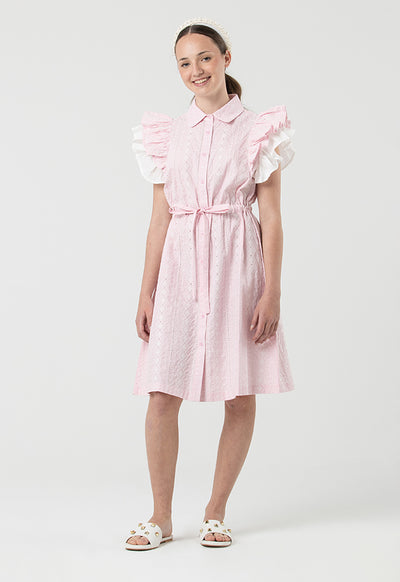 Schiffli Collared Button Tied Up Midi Dress