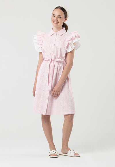 Schiffli Collared Button Tied Up Midi Dress