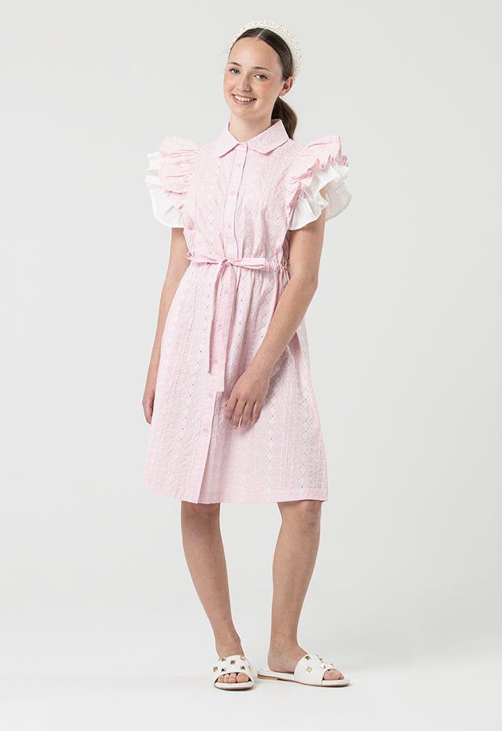 Schiffli Collared Button Tied Up Midi Dress