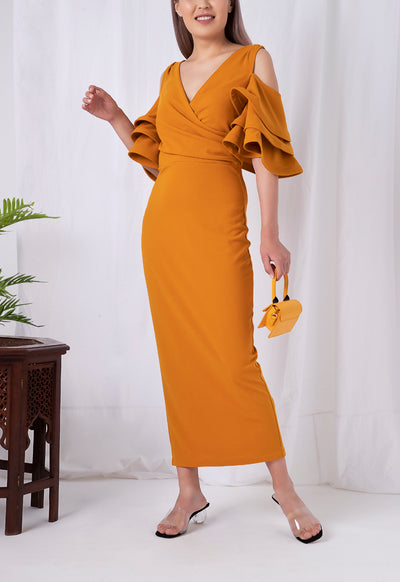 Wrap Waist Ruffle Sleeve Dress