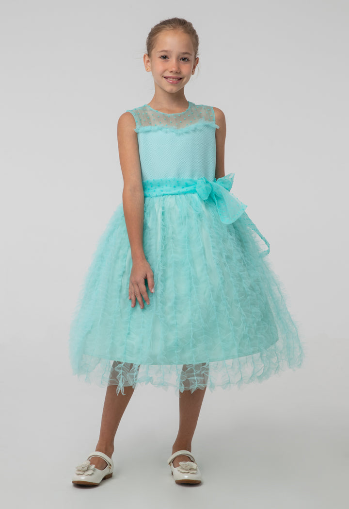 Solid Tulle Mesh Ruffle Flare Sleeveless Dress