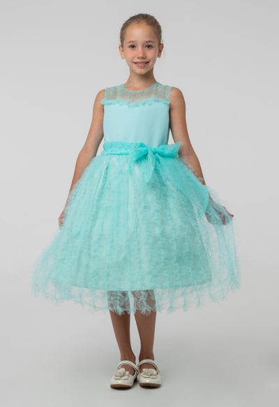 Solid Tulle Mesh Ruffle Flare Sleeveless Dress