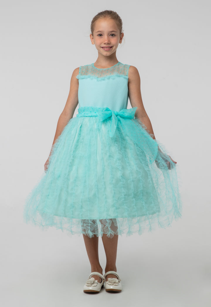 Solid Tulle Mesh Ruffle Flare Sleeveless Dress