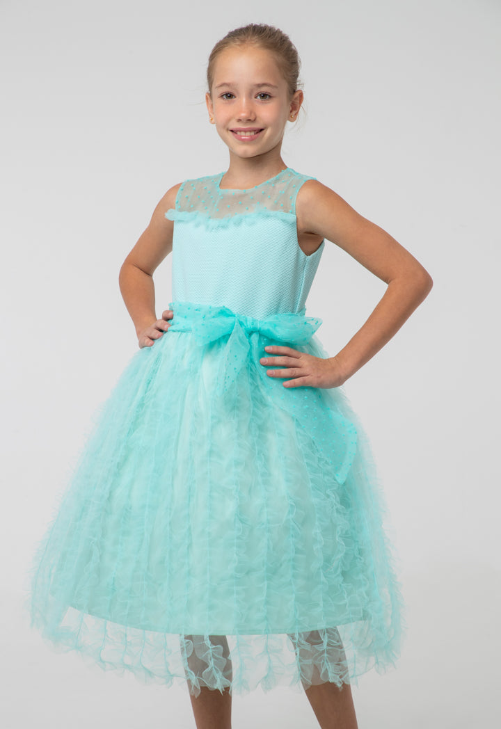Solid Tulle Mesh Ruffle Flare Sleeveless Dress