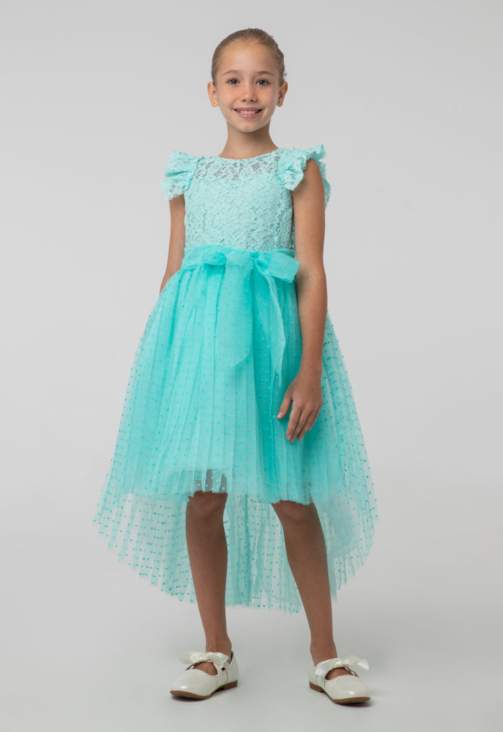 Solid High-Low Mesh Frayed Lace Fabric Dress