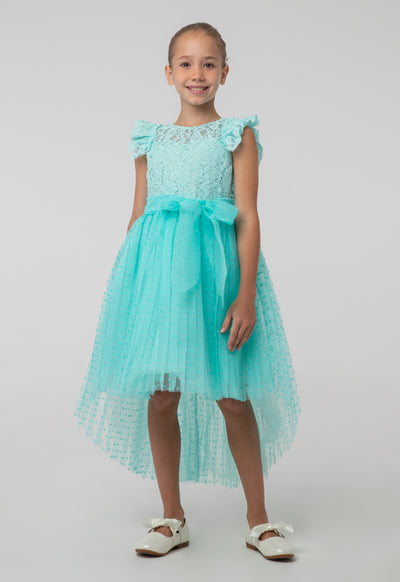 Solid High-Low Mesh Frayed Lace Fabric Dress