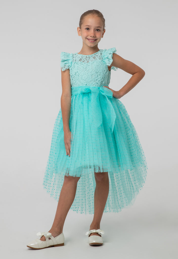 Solid High-Low Mesh Frayed Lace Fabric Dress