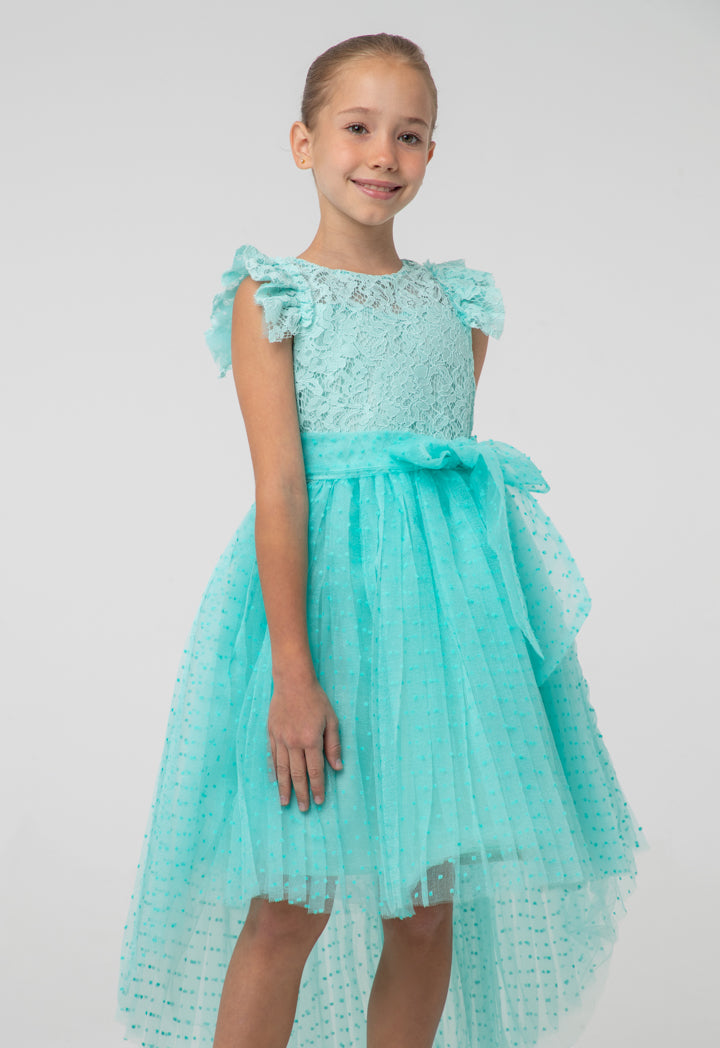 Solid High-Low Mesh Frayed Lace Fabric Dress