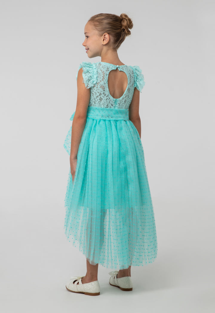 Solid High-Low Mesh Frayed Lace Fabric Dress