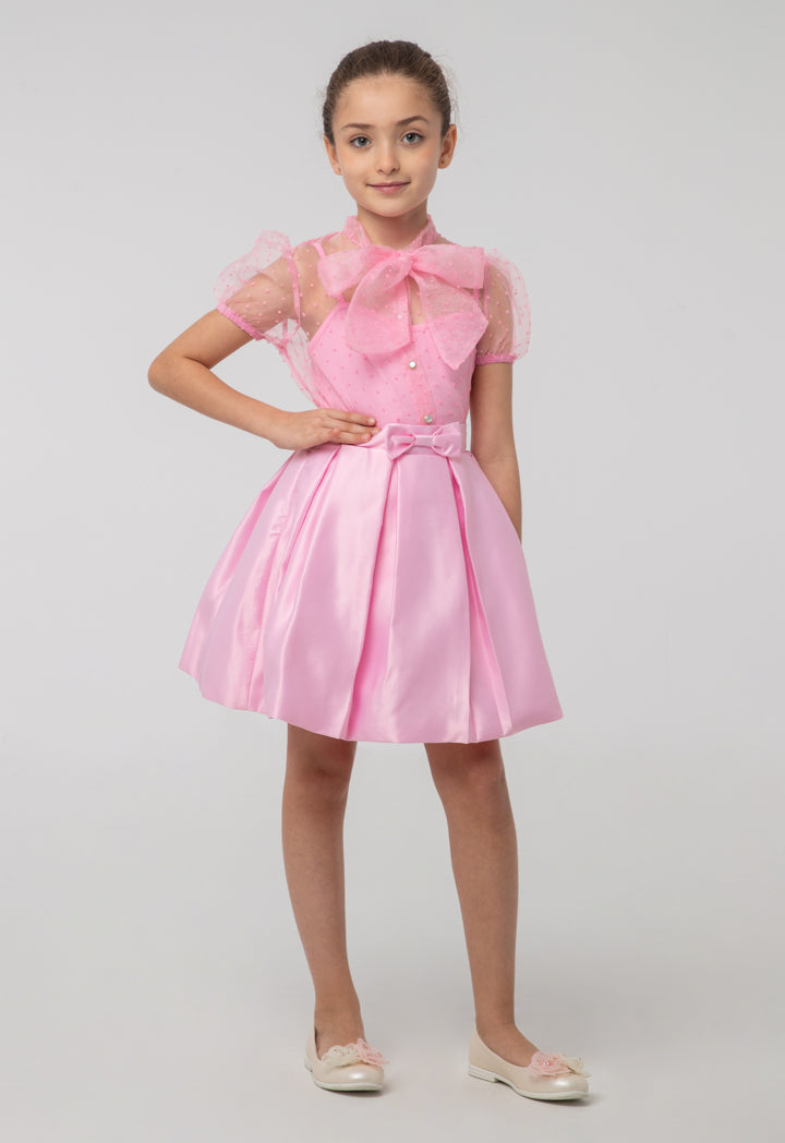 Solid Box Pleated Bow Flare Skirt