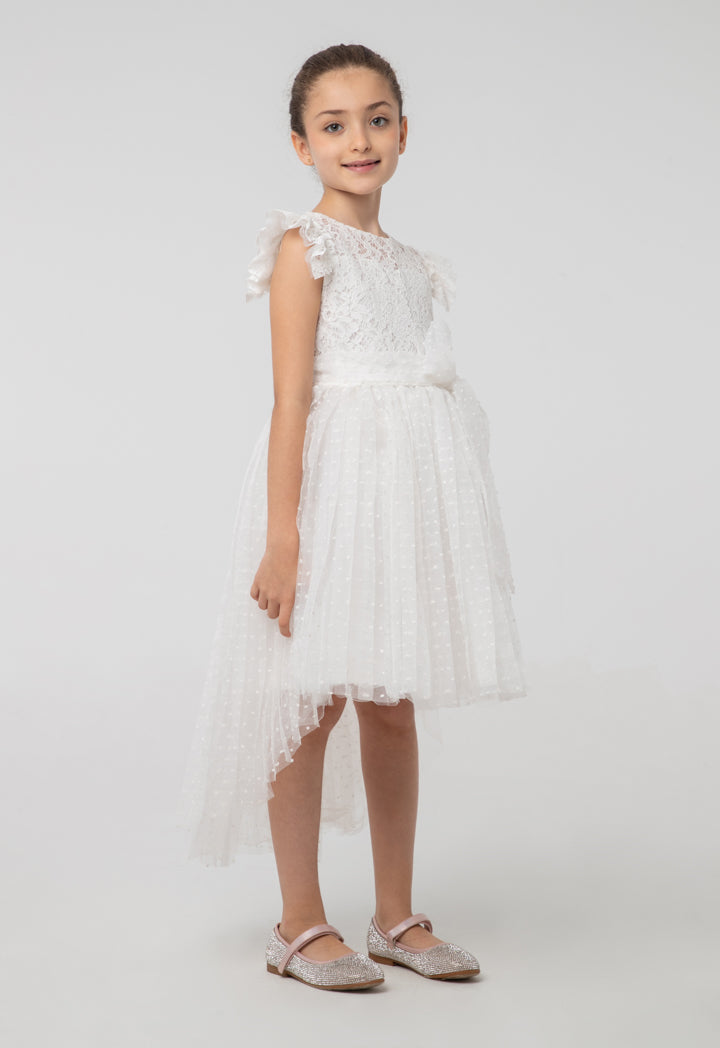 Solid High-Low Mesh Frayed Lace Fabric Dress