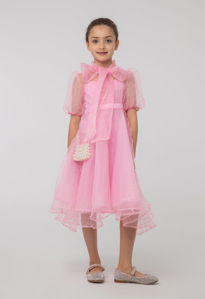 Solid Sheer Bow Tie Neck Flare Puff Dress And Cami Sets