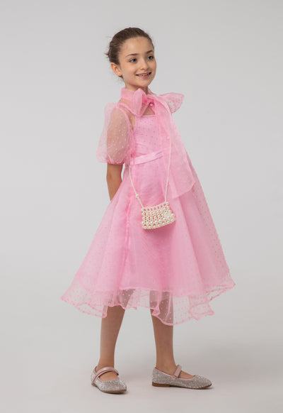 Solid Sheer Bow Tie Neck Flare Puff Dress And Cami Sets