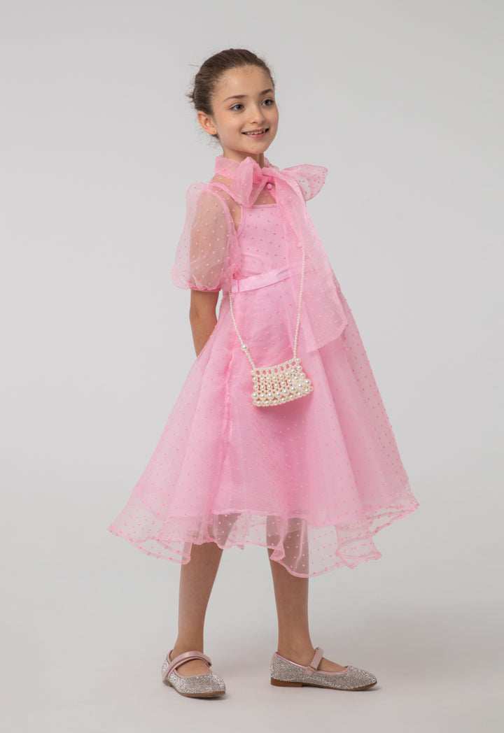 Solid Sheer Bow Tie Neck Flare Puff Dress And Cami Sets