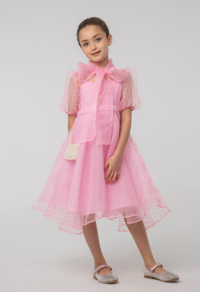 Solid Sheer Bow Tie Neck Flare Puff Dress And Cami Sets