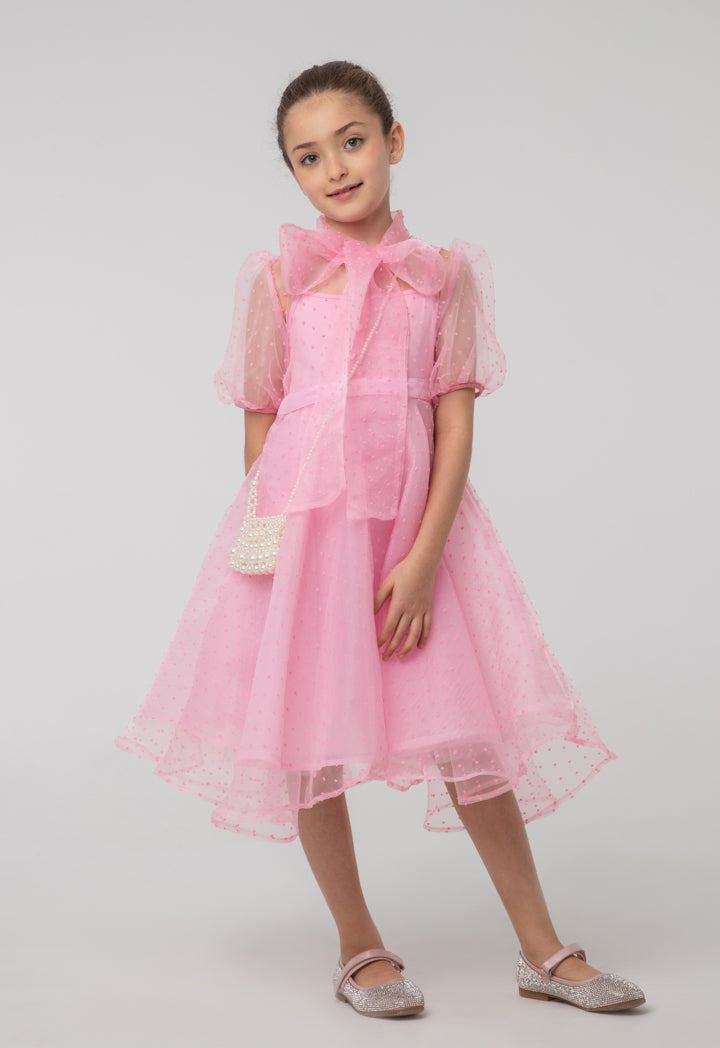 Solid Sheer Bow Tie Neck Flare Puff Dress And Cami Sets