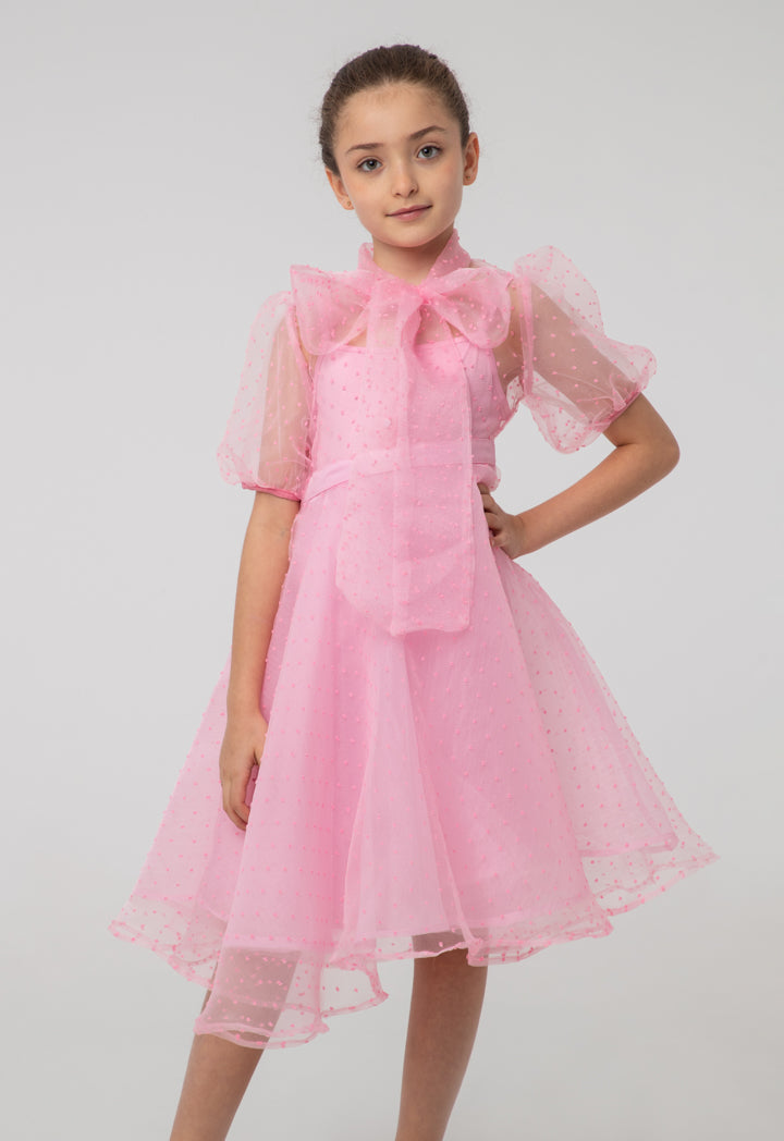 Solid Sheer Bow Tie Neck Flare Puff Dress And Cami Sets