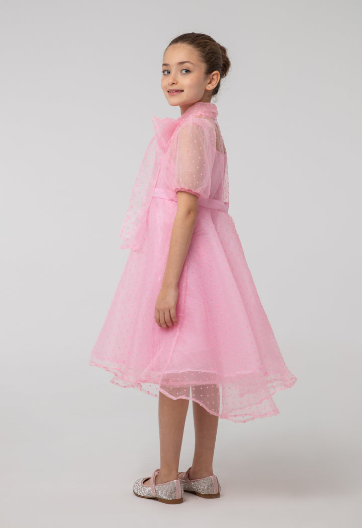 Solid Sheer Bow Tie Neck Flare Puff Dress And Cami Sets