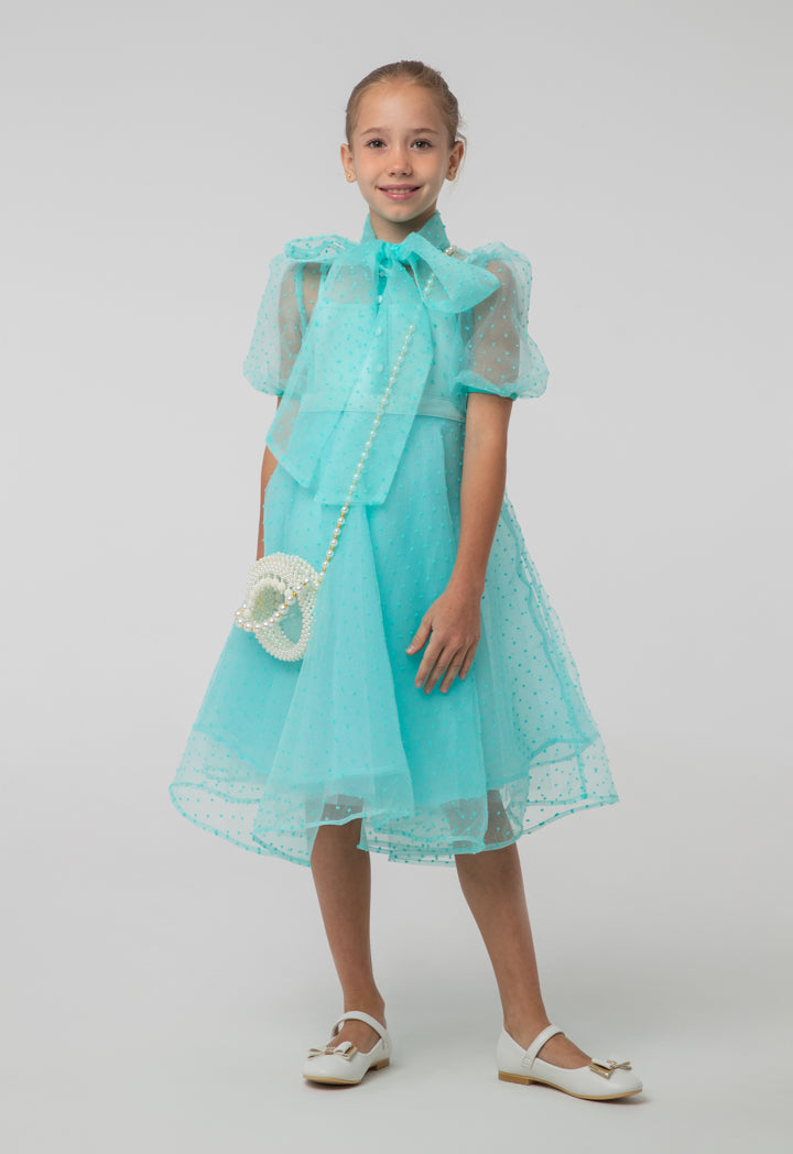 Solid Sheer Bow Tie Neck Flare Puff Dress And Cami Sets