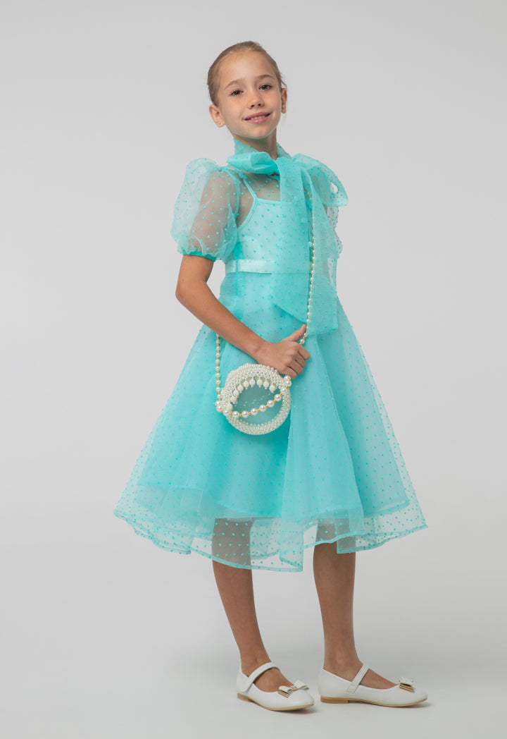 Solid Sheer Bow Tie Neck Flare Puff Dress And Cami Sets