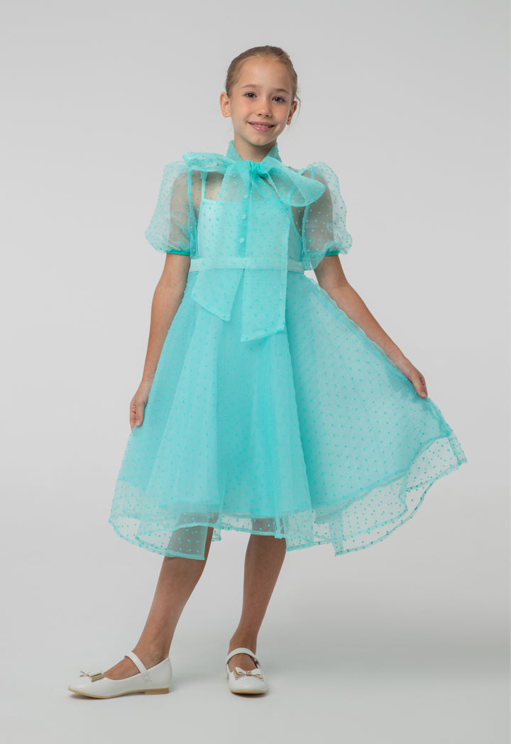 Solid Sheer Bow Tie Neck Flare Puff Dress And Cami Sets