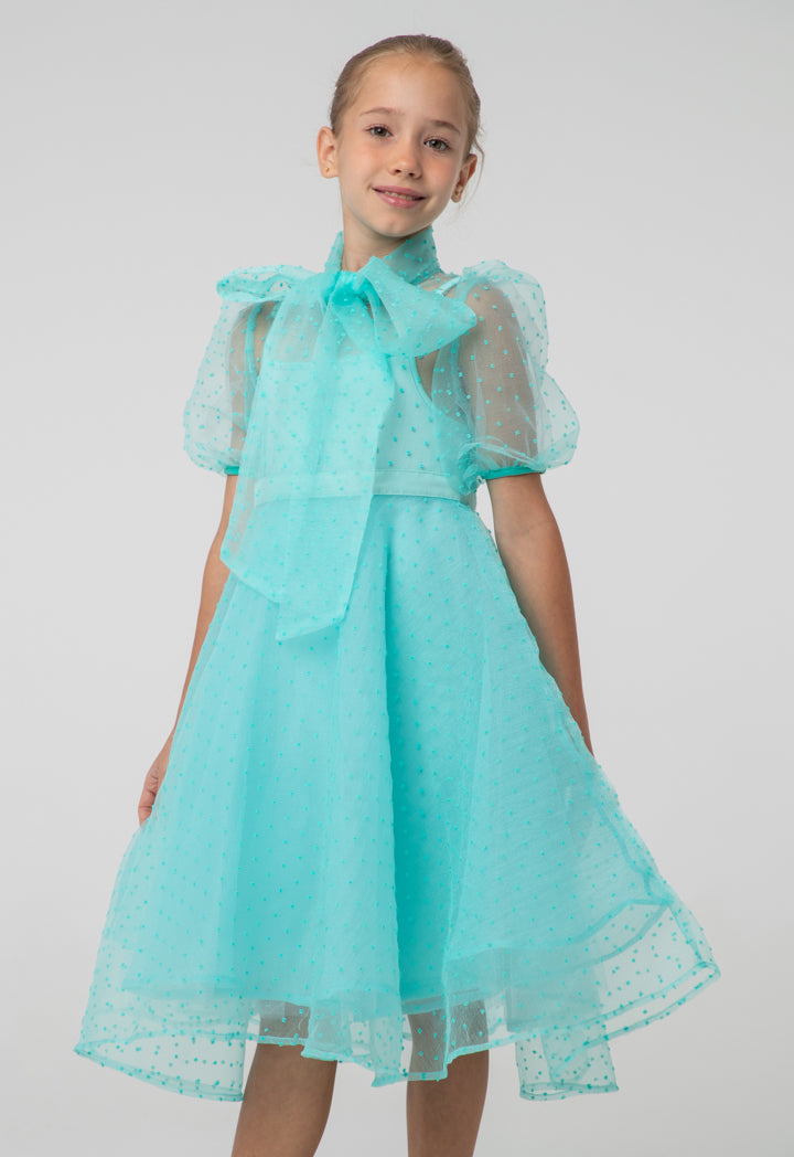 Solid Sheer Bow Tie Neck Flare Puff Dress And Cami Sets
