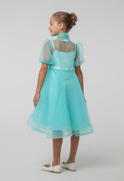 Solid Sheer Bow Tie Neck Flare Puff Dress And Cami Sets
