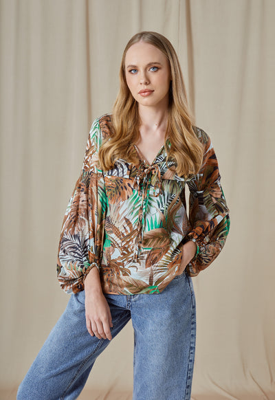 Leaf Print Tie Neck Blouse