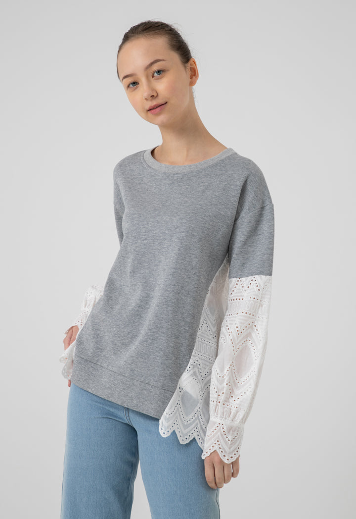 Ribbed Schiffli Long Sleeves Blouse